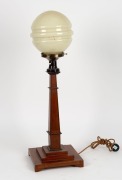 An Australian Art Deco table lamp made from silky oak, blackwood and other native timbers, with glass shade, circa 1930, 82cm high - 2