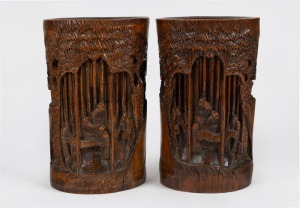 A pair of Chinese carved bamboo brush pots, 20th century, 22cm high