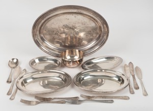 N.S.W. RAILWAYS assorted silver plated cutlery and serving dishes, fifteen of the pieces stamped "R.R.R." (Railways Rest Rooms), early to mid 20th century, (16 items), ​​​​​​​the largest oval platter 35cm wide