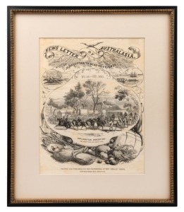 Sept. 1860 illustrated front cover of the "Newsletter of Australasia" (No.49) featuring a central vignette showing the Burke & Wills Expedition departing from Royal Park, surrounded by smaller vignettes showing the Melbourne Cup, a sculling race on Port P