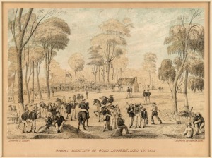 DAVID TULLOCH [1829 - 1869], Great Meeting of Gold Diggers Decr. 15th 1851, lightly hand coloured engraving (from "Ham's five views of the gold fields of Mount Alexander and Ballarat in the colony of Victoria / drawn on the spot by D. M. Tulloch"; engrave