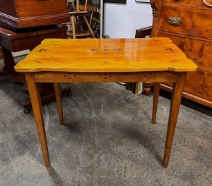 An unusual antique farmhouse occasional table crafted from eucalyptus inlaid with native timbers, peg joint construction with tapering square form legs, Barossa Valley, South Australian origin, 19th/20th century, 75cm, 92cm wide, 60cm deep