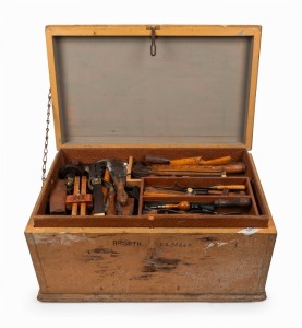An impressive antique tool trunk with a handsome selection of antique cabinet maker's hand tools, 19th/20th century,