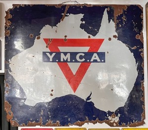 "Y.M.C.A. AUSTRALIA" vintage enamel and metal sign, 20th century, 114 x 230cm Brought back from France by an Australian Army officer.