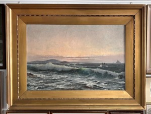 ARTIST UNKNOWN, (seascape with boat coming ashore), oil on canvas, ​​​​​​​59 x 89cm, 94 x 124cm overall