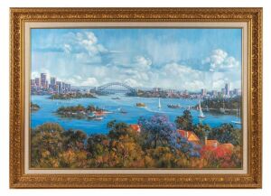 RUSSELL BROWN, (Sydney Harbour scene), oil on board, signed lower right "Russell Brown, '02", 51 x 90cm, 77 x 108cm overall