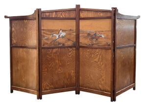 ANNIE JANE HOPE CAMPBELL (1866-1920) four panel oak screen with hand-painted hunting scene decoration by the famed caricature artist, signed and dated 1908, 178cm high, 293cm wide