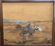 ANNIE JANE HOPE CAMPBELL (1866-1920) four panel oak screen with hand-painted hunting scene decoration by the famed caricature&nbsp;artist, signed and dated 1908, 178cm high, 293cm wide - 3