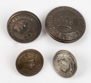 GAOL WARDERS N.S.W. buttons (2), CONVICT PRISON button, and a CONVICT DEPARTMENT button; together with an antique British brass coat of arms, 19th century, (5 items), the coat of arms 13.5cm wide - 2