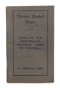 "VICTORIAN FOOTBALL LEAGUE : LAWS OF THE AUSTRALIAN NATIONAL GAME OF FOOTBALL - 1st MARCH, 1932" 48-page booklet with 79 rules "as Adopted by The Australian National Football Council."