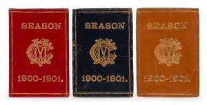 Melbourne Cricket Club: Proposed 1900-1901 Season's Membership Cards in deep red, navy blue and brown leather, with printed reverses, by Mason, Firth & McCutcheon, Printers, who had produced similar rectangular cards in the previous years. (3 items). Not previously known to us.