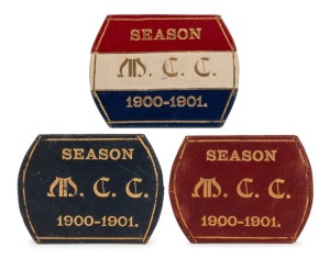 Melbourne Cricket Club: Proposed 1900-1901 Season's Membership Cards (squared oval shaped) in deep red, navy blue and red, white & blue leather, two with printed reverses headed "Melbourne Cricket Club", by Mason, Firth & McCutcheon, Printers, who had produced rectangular membership cards in the previous years. (3 items). Not previously known to us.