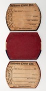 Melbourne Cricket Club: Proposed 1900-1901 Season's Membership Cards (squared oval shaped) in deep red, navy blue and red, white & blue leather, two with printed reverses headed "Melbourne Cricket Club", by Mason, Firth & McCutcheon, Printers, who had pro - 2