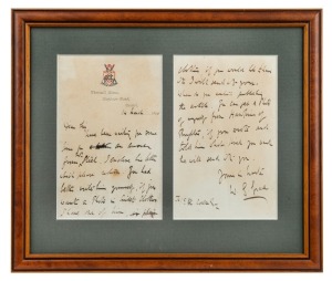 AN ORIGINAL LETTER FROM W.G.GRACE: 14 March 1890 two-sided note-paper headed with the Gloucestershire C.C.C. crest, Thrissell House, Stapleton Road, Bristol, written to Mr E. K. Cooke, who was planning to publish an article and needed a photo of W.G. "in cricket clothes". W.G. writes "You can get a photo of myself from Hawkins of Brighton". Framed & glazed, overall 29 x 34cm.