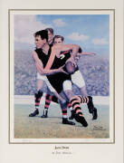 JACK DYER, print "Jack Dyer" by John Balmain, signed by Jack Dyer & the artist, and numbered 143/500, window mounted, framed & glazed, overall 60x87cm.