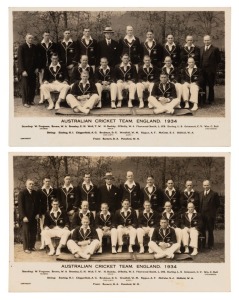THE AUSTRALIAN CRICKET TEAM in ENGLAND, 1934 Two official team postcards, one signed in ink on the back by sixteen team members including Bromley, Bradman, Woodfull, McCabe, Ponsford, Darling, Oldfield and O'Reilly. (2 items).