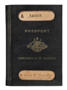 266 · Ernie BROMLEY'S Australian Passport, issued to him at Melbourne in February 1934 and endorsed "Bearer is a member of the Australian Cricket Eleven." with visa stamps for the trip to England in April 1934 and back to Australia in October 1934. A later trip took him to India and Ceylon. Accompanied by several of Bromley's personal pics from the tour. Provenance: The Estate of Ernie Bromley.
