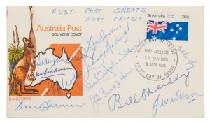 CRICKET GREATS PRESENT AT THE AUSTRALIA v INDIA TEST, ADELAIDE JANUARY 1978: An Australia Post souvenir envelope cancelled on Australia Day 1978, signed in pen by Don Bradman, Bill O'Reilly, Len Darling, Lindsay Hassett, Ashley Mallett, Geoff Noblet, Bill Johnston, Jack Fingleton, Jack Wilson, Gil Langley and Barry Jarman.