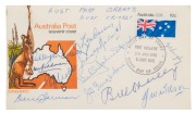CRICKET GREATS PRESENT AT THE AUSTRALIA v INDIA TEST, ADELAIDE JANUARY 1978: An Australia Post souvenir envelope cancelled on Australia Day 1978, signed in pen by Don Bradman, Bill O'Reilly, Len Darling, Lindsay Hassett, Ashley Mallett, Geoff Noblet, Bill
