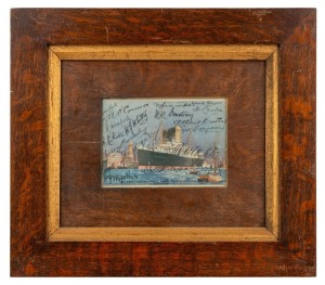THE AUSTRALIAN CRICKET TEAM IN ENGLAND, 1909: An original postcard depicting the S.S. Orontes, signed in pen by all 14 members of the Test Team squad (plus Carkeek and Hartigan). Mounted, framed, and glazed. Overall 28 x 31.5cm. Australia won the five-match series 2-1, with two matches drawn. Australia's most successful batsmen were Bardsley (396 runs), and Ransford (353). Australia's most successful bowlers were Cotter (17 wickets), Macartney (16), and Laver (14).