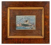 THE AUSTRALIAN CRICKET TEAM IN ENGLAND, 1909: An original postcard depicting the S.S. Orontes, signed in pen by all 14 members of the Test Team squad (plus Carkeek and Hartigan). Mounted, framed, and glazed. Overall 28 x 31.5cm. Australia won the five-mat