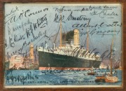 THE AUSTRALIAN CRICKET TEAM IN ENGLAND, 1909: An original postcard depicting the S.S. Orontes, signed in pen by all 14 members of the Test Team squad (plus Carkeek and Hartigan). Mounted, framed, and glazed. Overall 28 x 31.5cm. Australia won the five-mat - 2