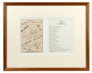 THE 1948 AUSTRALIAN TEAM - The Invincibles: A single sheet with 17 original pen signatures of the touring squad, including Bradman, Barnes, Hassett, Loxton, Miller, Harvey and Lindwall; attractively framed and glazed with details of the team. Overall 34 x 42cm