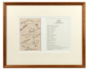 THE 1948 AUSTRALIAN TEAM - The Invincibles: A single sheet with 17 original pen signatures of the touring squad, including Bradman, Barnes, Hassett, Loxton, Miller, Harvey and Lindwall; attractively framed and glazed with details of the team. Overall 34 x