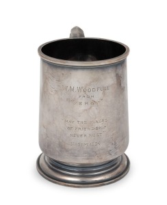 A Sterling Silver Tankard Presented To Bill Woodfull By Bill Ferguson, With The Engraved Dedication W. M. Woodfull From 'Percy' May The Hinges Of Friendship Never Rust, 5th Sept. 1934; 12cm Tall.