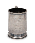 A STERLING SILVER TANKARD PRESENTED TO BILL WOODFULL&nbsp;BY BILL FERGUSON, with the engraved dedication W. M. WOODFULL from 'PERCY' MAY THE HINGES OF FRIENDSHIP NEVER RUST, 5th SEPT. 1934; 12cm tall.