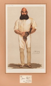 An original Vanity Fair chromo-lithograph of W. G. Grace published in the June 1877 edition, mounted together with an original autograph of the 'father of cricket'; overall 53 x 35cm.