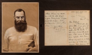W. G. GRACE: An autographed letter sheet headed 'LONDON COUNTY CRICKET CLUB, CRYSTAL PALACE' Dated December 1907, replying to a request from the Surrey Cricket Club that he make himself available for a prize presentation. In declining, he signs "Yours Truly, W. G. Grace". Mounted together with a lithographic print; overall 36 x 56cm.