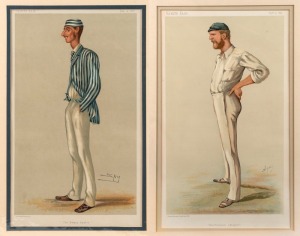 Original Vanity Fair chromo-lithographs featuring Australian cricketers 'The Demon bowler' (Spofforth, 1878) and 'Australian Cricket' (Bonner, 1884); individually mounted, overall 53.5 x 43.5cm (2)