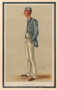 Original Vanity Fair chromo-lithographs featuring Australian cricketers 'The Demon bowler' (Spofforth, 1878) and 'Australian Cricket' (Bonner, 1884); individually mounted, overall 53.5 x 43.5cm (2) - 2