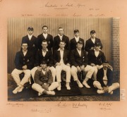 THE AUSTRALIAN TEAM V SOUTH AFRICA, 1910 - 1911 A full-size silver gelatin print of the Australian team which defeated the South African visitors 4-1 in a five test match series in Australia. Fully signed in the margins by the team, captained by Clem Hill