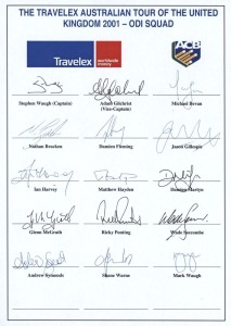 2001 Australian Team to England (ODI Squad), official team sheet with 15 signatures including Stephen Waugh (captain), Adam Gilchrist, Glenn McGrath & Ricky Ponting; plus scorecard signed by Adam Gilchrist and Wade Secombe.
