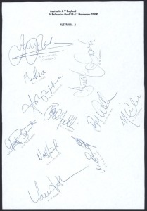2002 Australia A vs England, team sheet with 11 signatures including Jimmy Maher (captain), Michael Clarke, Greg Blewett, Brad Haddin & Nathan Hauritz; plus 10 individual signed photographs. (21 autographs).
