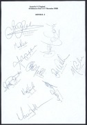 2002 Australia A vs England, team sheet with 11 signatures including Jimmy Maher (captain), Michael Clarke, Greg Blewett, Brad Haddin & Nathan Hauritz; plus 10 individual signed photographs. (21 autographs).