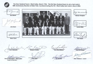 1956 New Zealand team v West Indies (the first NZ team to win a Test match), team sheet from 50th anniversary with 9 original signatures including John Beck, John Reid, Jack Alabaster and Ian Sinclair.