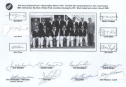 1956 New Zealand team v West Indies (the first NZ team to win a Test match), team sheet from 50th anniversary with 9 original signatures including John Beck, John Reid, Jack Alabaster and Ian Sinclair.