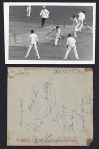 1963-64 Australian Team for the 1st Test v South Africa at Brisbane, an autograph page with 11 original signatures including Richie Benaud, Ian Meckiff (no balled for chucking) & Bob Simpson; together with photo signed by Brian Booth.