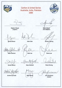 2000 Australian Team for the Carlton & United Series (One Day Series v India & Pakistan), official team sheet with 14 signatures including Stephen Waugh (captain), Shane Warne, Ricky Ponting & Adam Gilchrist. Scarce