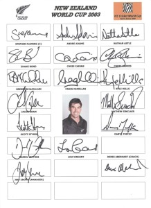 NEW ZEALAND: Five different signed Team sheets for the 2002 ICC Champions Trophy in Sri Lanka; 2002-03 ODIs v India; 2003 World Cup; 2004 tour to England (2 different team sheets); plus a signed photograph of Chris Martin.