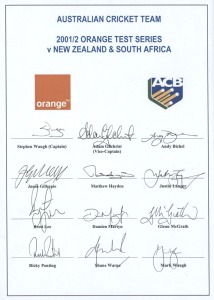 2001-02 Australian Team for the Test Series v New Zealand & South Africa: official team sheet with 12 signatures including Stephen Waugh (captain), Adam Gilchrist, Glenn McGrath & Ricky Ponting; plus 4 individually signed photographs.