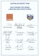 2001-02 Australian Team for the Test Series v New Zealand & South Africa: official team sheet with 12 signatures including Stephen Waugh (captain), Adam Gilchrist, Glenn McGrath & Ricky Ponting; plus 4 individually signed photographs.