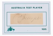 VICTOR TRUMPER (1877 - 1915) original pencil signature on piece, affixed to an "AUSTRALIAN TEST PLAYER" card.