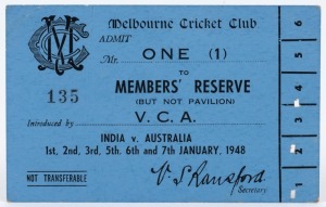 BRADMAN'S CENTURY IN EACH INNINGS at the M.C.G., January 1948: A Member's Reserve pass for the India v Australia 3rd Test Match - January 1 - 7, 1948. Australia won the match, with Bradman making 132 in the first innings and 127 n.o. in the second.
