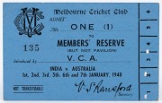 BRADMAN'S CENTURY IN EACH INNINGS at the M.C.G., January 1948: A Member's Reserve pass for the India v Australia 3rd Test Match - January 1 - 7, 1948. Australia won the match, with Bradman making 132 in the first innings and 127 n.o. in the second.
