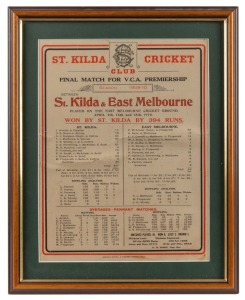St. Kilda & East Melbourne "Final Match for V.C.A. Premiership 1910" souvenir scorecard, won by St. Kilda by 394 runs. Framed & glazed, overall 39 x 31cm.
