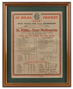 St. Kilda & East Melbourne "Final Match for V.C.A. Premiership 1910" souvenir scorecard, won by St. Kilda by 394 runs. Framed & glazed, overall 39 x 31cm.